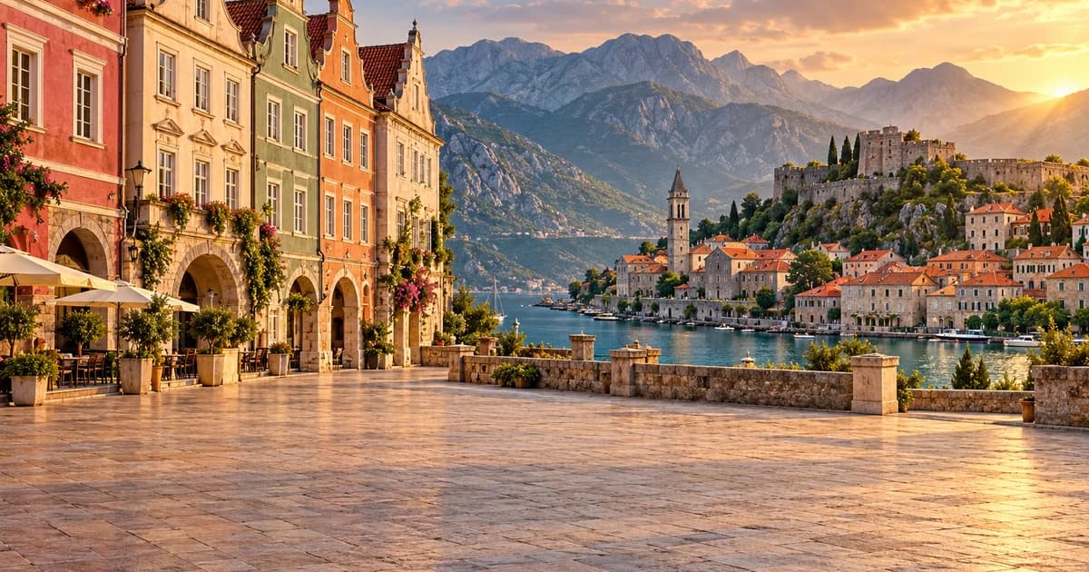 Illustration of an old-town square and coastline in Eastern Europe
